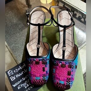Gucci Petite silver G matelassé T-bar pink and blue tweed sandal size 39 BNWB